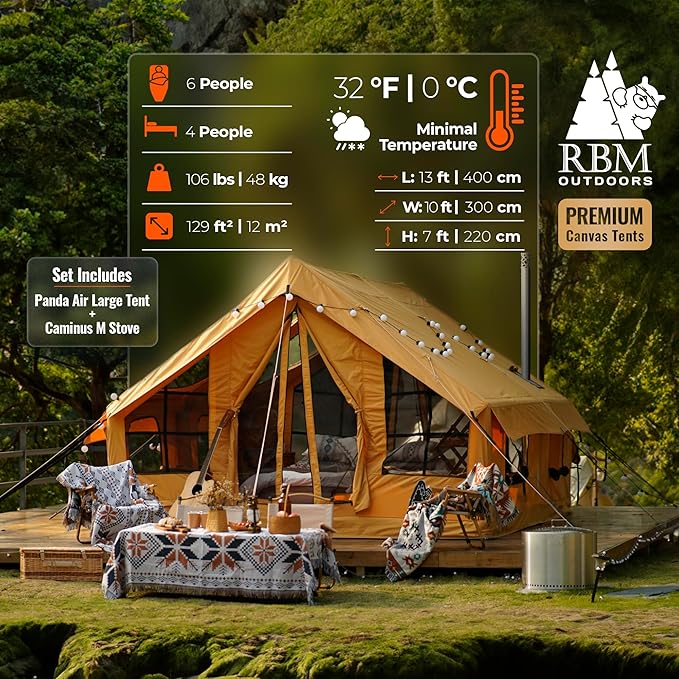 Panda Inflatable Tents for Camping with Stove Jack, Canvas Blow Up, Easy Setup Inflatable Tent, Waterproof Hot Inflatable Outdoor House, Casa de Campaña with Hand Pump