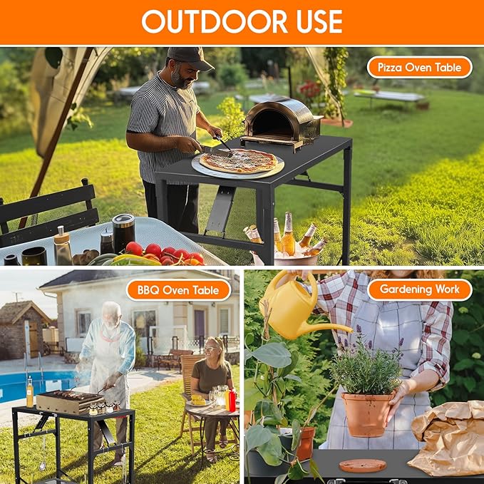 Grill Cart Outdoor with 4 Wheels - Foldable Pizza Oven Stand Table, Portable Dining Cart Table for Outdoor, BBQ, Indoor, Kitchen Black