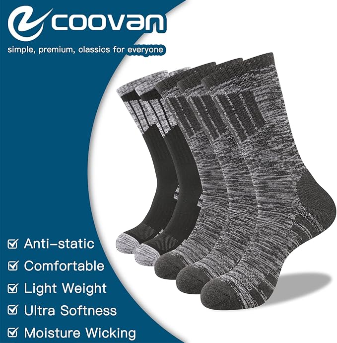 COOVAN Mens Hiking Crew Socks 5 Pairs Moisture Wicking Cushioned Athletic Boot Outdoor Socks
