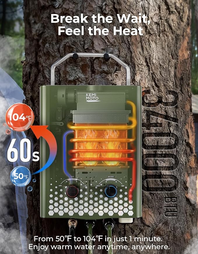 KEMIMOTO Tankless Portable Propane Water Heater Outdoor,1.32Gpm 34000 BTU Camping Portable Water Heater,Easy Installation, 5L Lightweight Heater,Suitable for Rv/Camping/Cabin