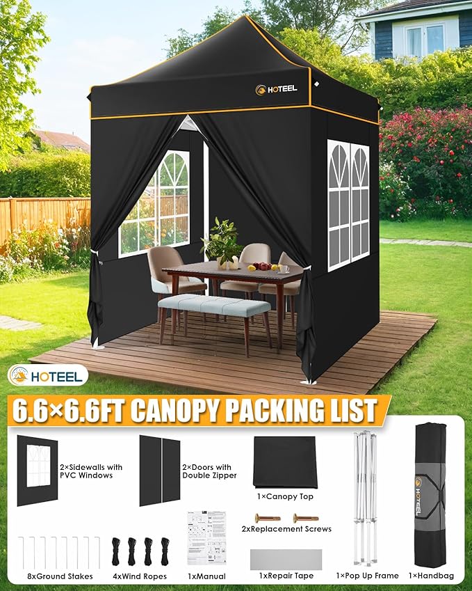 HOTEEL 6.6x6.6 Heavy Duty Pop Up Canopy Tent for Parties Event Wedding Commercial Instant Canopy with Carry Bag, Party Tent Waterproof UV 50+, Upgraded Thick Hexagonal Legs,Black