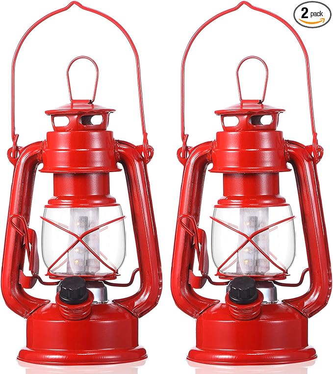 Hortsun 2 Pcs 8 Inch Vintage LED Hurricane Lantern Metal Red Outdoor Battery Operated Hanging Lantern with Warm LEDs and Dimmer Switch for Indoor Rustic Farmhouse Country Camping Decor