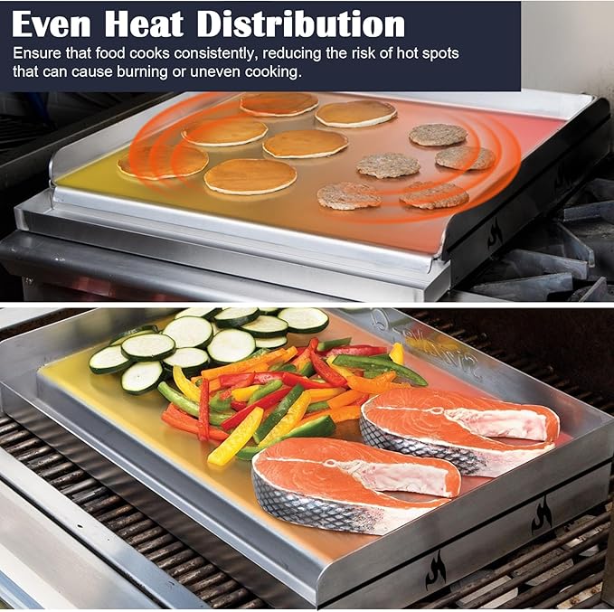 Hiorucet Stainless Steel Griddle, 18" x 12.5" Rectangular Gas Grill Griddle Plate Pan for Charcoal/Gas Grills, Camping, Tailgating, Parties, Indoor/Outdoor Universal BBQ Cooking Flat Top Grill Insert.