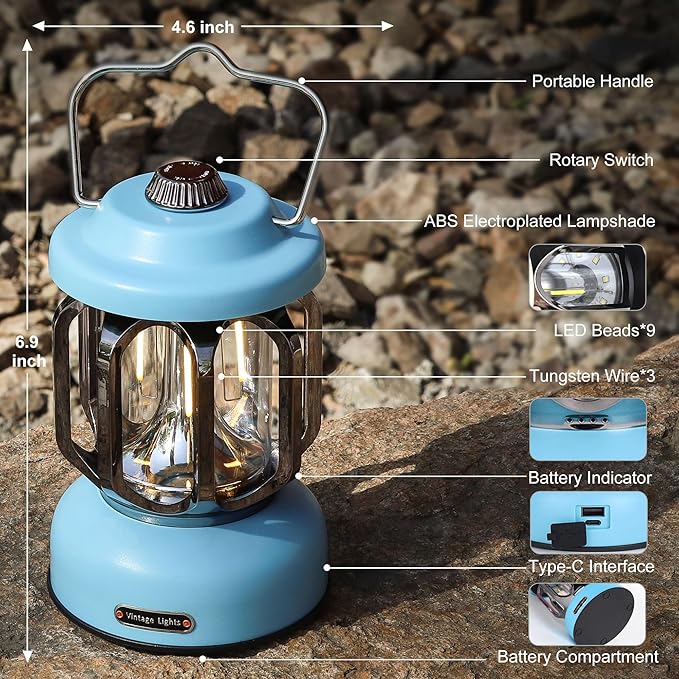 Rechargeable LED Camping Lanterns, 2000mAh Vintage Camping Lights Battery Operated Rechargeable , Hanging Retro Metal Hiking Tent Lamp for Emergency, Hurricane,Decoration,Home,Blue, 1 Pack
