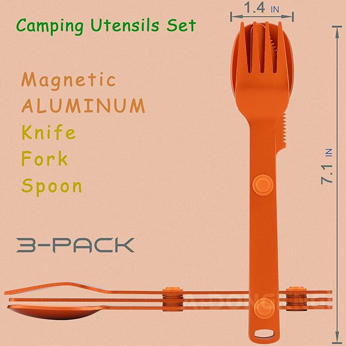Magnetic Camping Cutlery Set, Flatware Utensils Set, Knife, Fork & Spoon, Travel Utensils for Camping, Cooking, and Outdoor Dining, 3-Pack, Orange