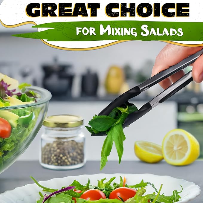3Pcs Kitchen Tongs with Silicone Tips - Tong Set 7/9/12" | Silicone Tongs for Cooking Heat Resistant up to 480°F, Non Stick, Built-In Lock Ring - Stainless Steel Kitchen Utensils for Cooking & Serving