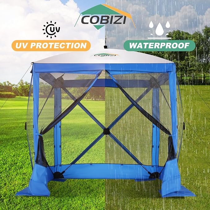 COBIZI 6x6 Pop up Gazebo Tent on Clearance, Ez up Waterproof Screen Tent Screen House with 3 sidewalls,Portable Outdoor Canopy with Carry Bag & Ground Stakes for Camping,Garden and Picnics, Blue