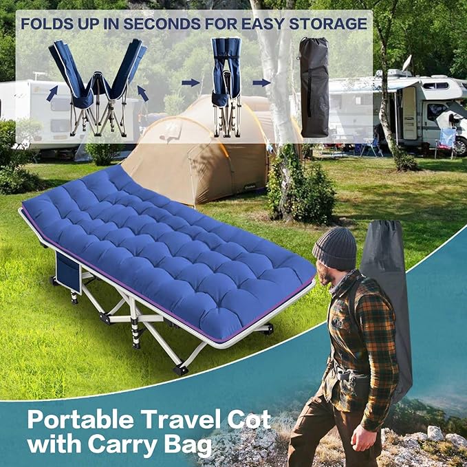 2 Pack Camping Cot with Mattress Comfortable Cot Bed Folding Cot Heavy Duty Cots for Sleeping with Carry Bag for Adults Kids Guest Bed Outdoor Indoor Home