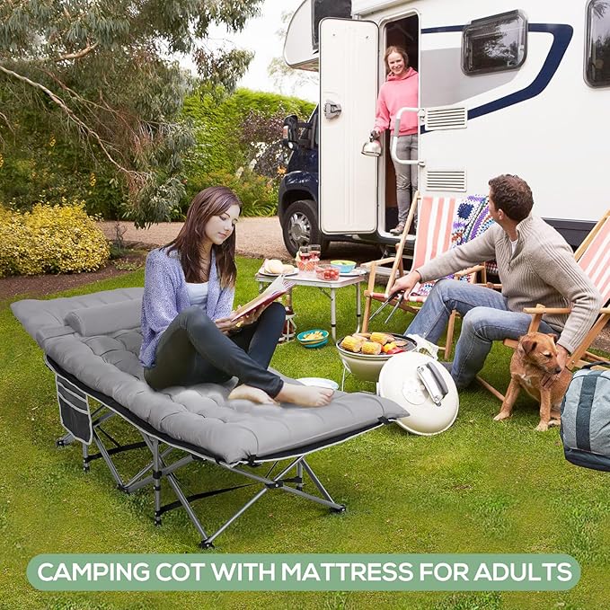 Wide Folding Camping Cots with Pillow & Extra Thick Matress, Cots for Sleeping 900 LBS, Camping Bed for Adults with Cushion, Sleeping Cot (Grey)