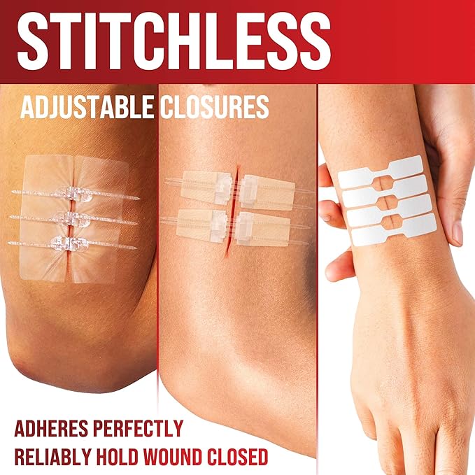 Emergency Wound Closure Strips - 24pk - 3 Types Easy to Use Butterfly Bandages - Stitchless & Painless Laceration Closure Kit