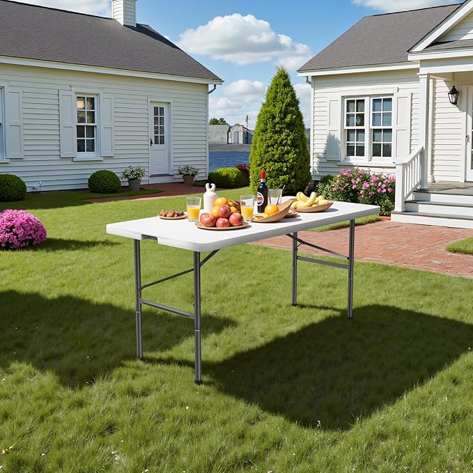 Simple Deluxe 4 FT Foldable Table with Built in Handle & Steel Legs, Heavy Duty Portable Table, Folding Table Outdoor Indoor with Carrying Handle for Camping, Picnic, Party, White