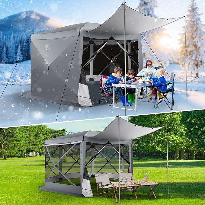 COBIZI 12x12 Pop up Gazebo Screen House Tent for Camping, Outdoor Canopy with Removable Roof&Sidewalls,Portable Hub Tent with Carrying Bag and Ground Stakes, Grey(Upgraded 2.0)