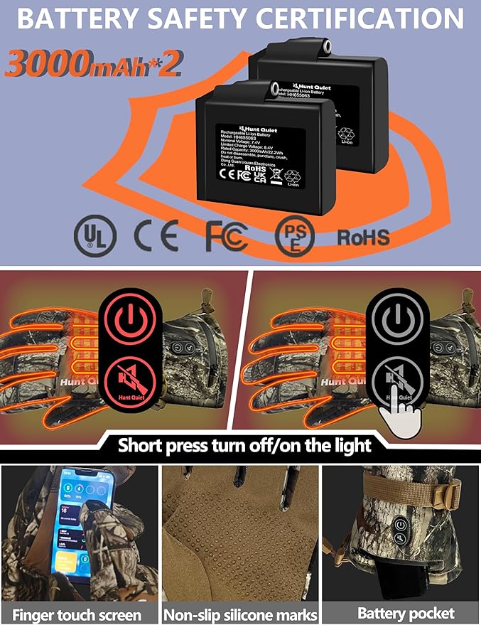 7.4V Heated Gloves for Men and Women, Rechargeable Hunting Gloves with 2 Battery Packs, 3 Heat Settings, Waterproof, Breathable&Fleece Lining, for Ice Fishing, Skiing(Next Camo G2, M-XXL)