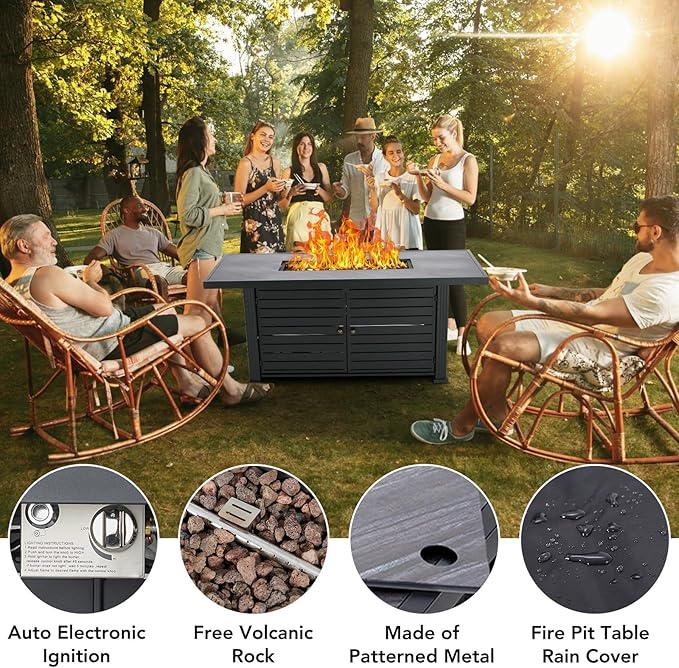 57 Inch Propane Fire Pit Table, 50000BTU Outdoor Gas Fire Pits Rectangular with Rain Cover, Sturdy Steel and Iron Fence Surface, CSA Safety Certified, Companion for Outside Patio Deck Garden