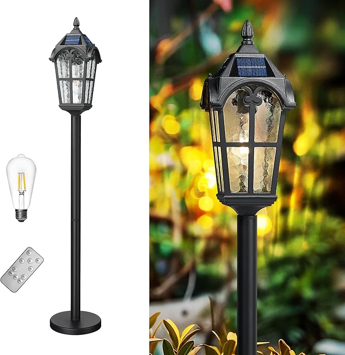 Emliviar Solar Pathway Light with Water Grain Glass Shade, 46 Inch Classic Post Lamp with Round Base in Black Finish, Portable Floor Lamp for Outdoor Travel, LED Bulb Included, YXE302PL-ML SL BK