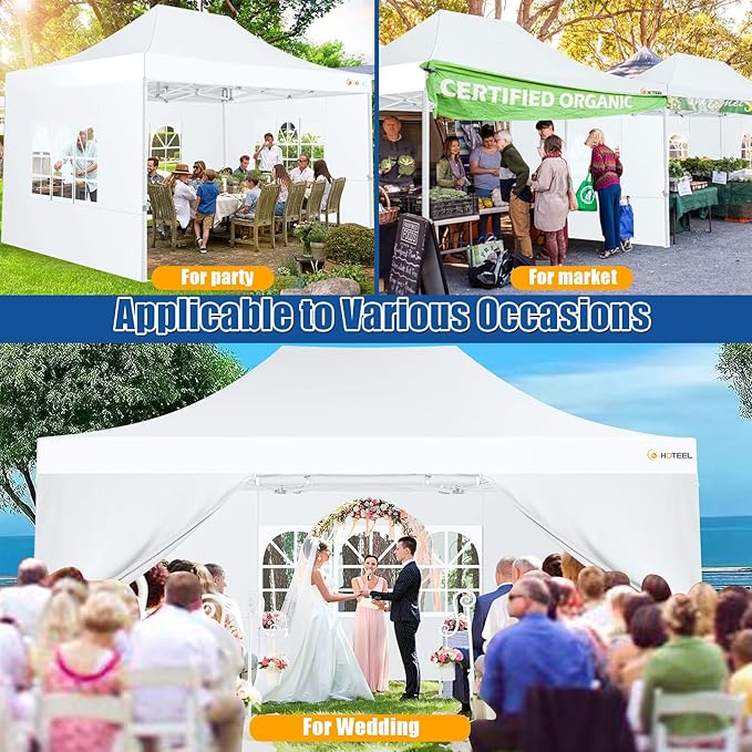 HOTEEL 10x15 Pop up Canopy Tent for Parties, Heavy Duty Easy Setup Tent with 4 Sidewalls, Outdoor Commercial Instant Gazebo for Wedding Event, with Roller Bag & Sand Bags, White(Hexagonal Frame)