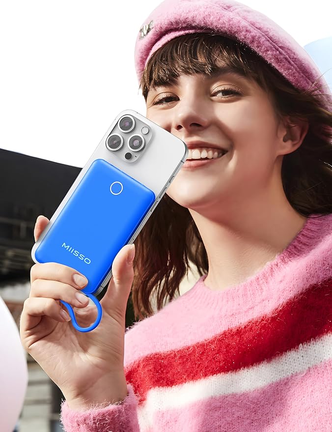 miisso 10000mAh Slim Portable Charger with Built in Cable, Power Bank Travel Charger External Battery Pack for Phone, 3 Output USB Type C Cord Clutch Charger Compatible with iPhone, Deep Blue