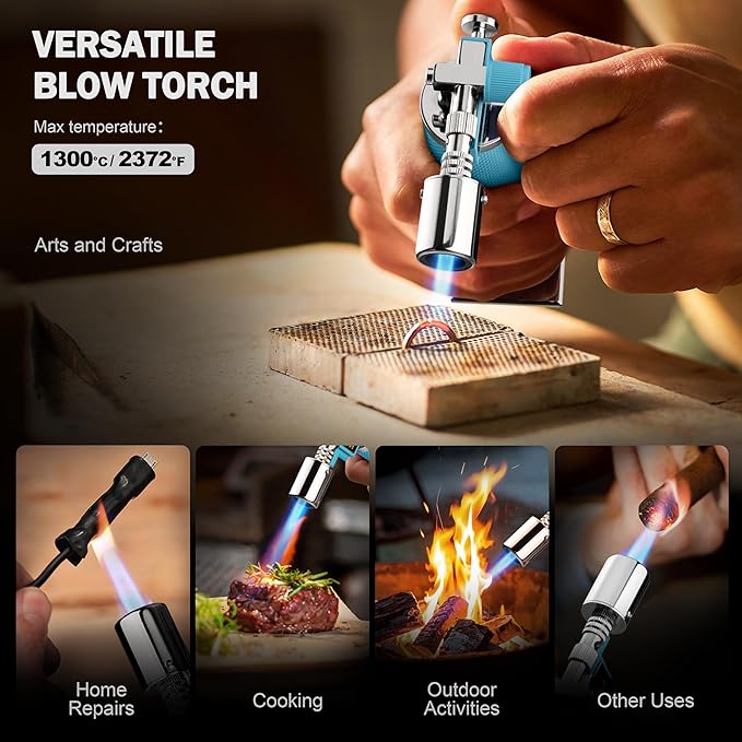 RAVS Butane Torch Lighter, Refillable Kitchen Torch with Safety Lock and Adjustable Flame, Creme Brulee Torch for Baking, BBQ, Blue Blow Torch for Cooking, Mens Gifts, Butane Gas Not Included