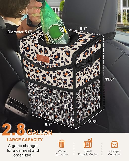 Car Trash Can with Lid, Cute Leakproof Car Trash Garbage Bag Hanging Vehicle Trash Bin Small Portable Automotive Garbage Cans Organizer for Back/Front Seat/Console(2.8 gal,Leopard