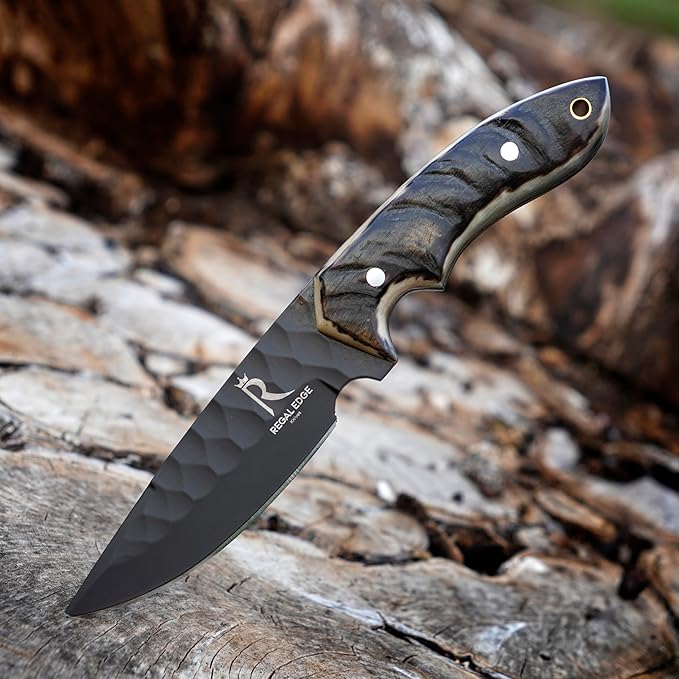 Fixed Blade Knife – 9" Black Coated Drop Point Hunting Knife With Leather Sheath - Full Tang 1095c High Carbon Steel - For Outdoor Use