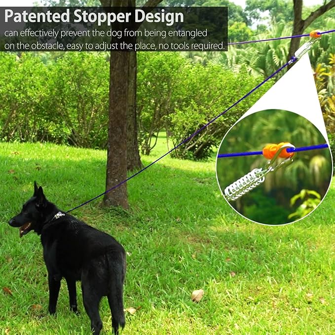 Patented Heavy Duty Dog Tie Out Trolley System Zipline for Small to Large Dogs - 75ft Aerial Runner Cable with 10ft Dog Run Cable and 2 Unique Stoppers for Yard Camping Outdoor