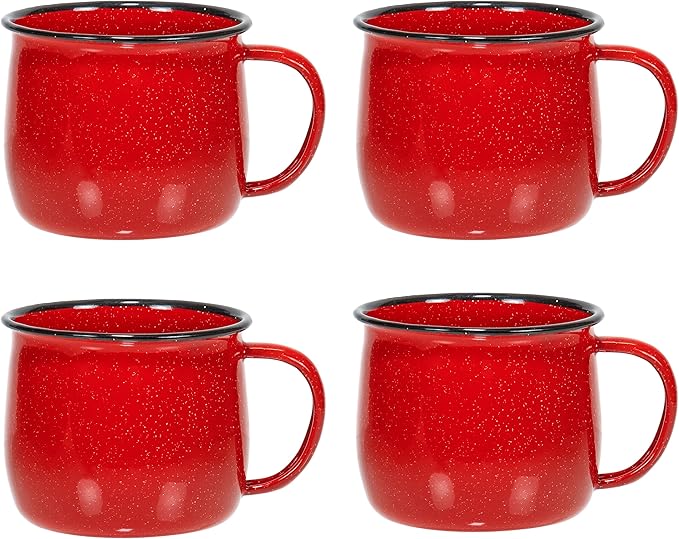 Red Co. Set of 4 Enamelware Metal 12 Oz Round Camping Coffee Mugs with Handle, White-Speckled Red/Black Rim