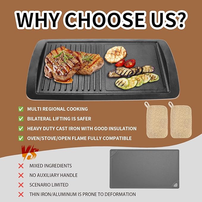 Cast Iron Griddle for Gas Grill, Griddle Pan for Stove Top, Grill Pan for Indoor Cooking, Grill Pans for Outdoor Grill (Black)