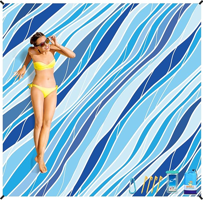 BYDOLL Beach Blanket Waterproof Sandproof 78''ร81'' Suits1-4 Adults Compact Lightweight Oversized Sand-Free Blanket Large Picnic Mat for Beach Travel Camping Hiking