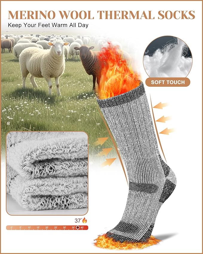 Merino Wool Thermal Socks for Men & Women, 3 Pairs Full Cushion Winter Boot Socks for Cold Weather Hiking Work