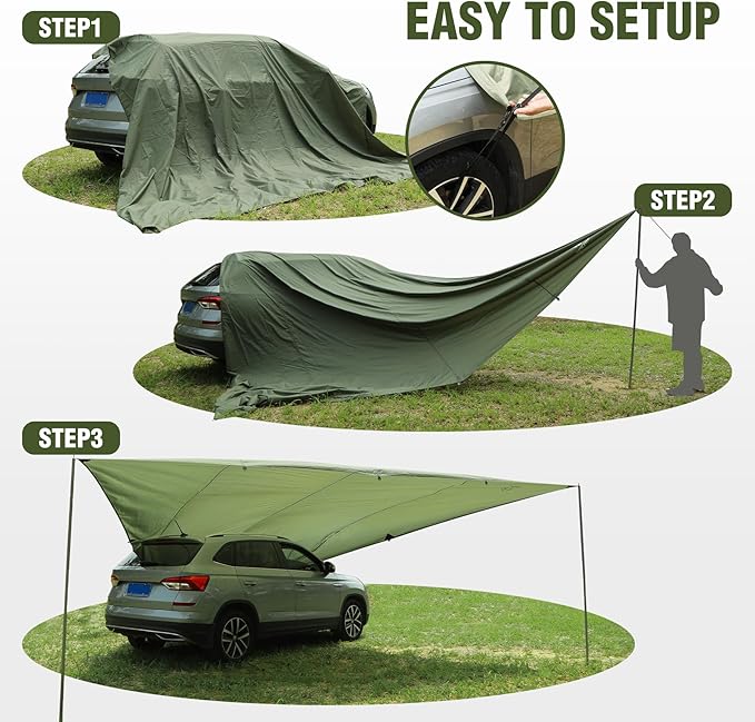 REDACMP 19ft x17ft Large Car Awning Tarp with 2 Poles & 2 Suction Cup Hooks, Waterproof Camping Tarp Hammock Rain Fly with UV Protection Sun Shelter for SUV,Van,Overland Camping,Tailgate Canopy,Green