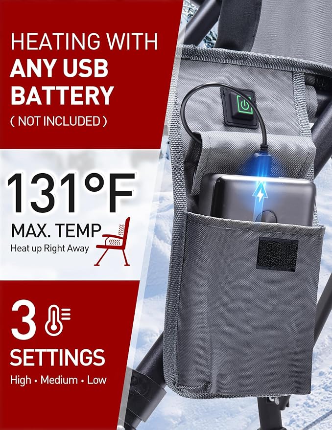 Heated Camping Chair for Adults, Heats Back and Seat, 3 Heat Levels, Fully Padded Heated Folding Chair for Outdoor Sports with Cup Holder, Rich Pockets, Battery NOT Included