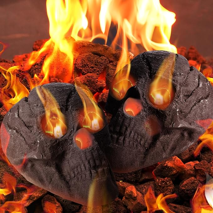 2 Pack Fire Pit Skulls 8.7 Inch Halloween Imitated Human Ceramic Firepit Head Fireproof Skulls Bonfire Accessories Fake Logs Halloween Decor for Gas Campfire Fireplace Wood Fires (Black)