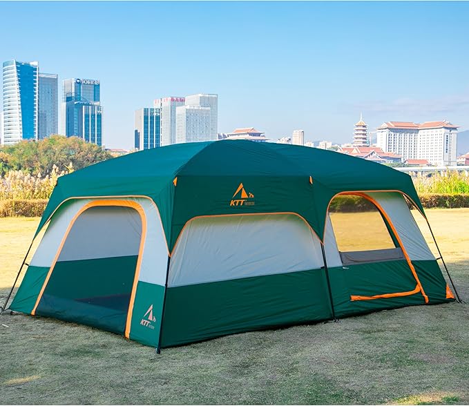 KTT Extra Large Tent 6-10-12-14 Person(A),Family Cabin Tents,2 Rooms,3 Doors and 3 Windows with Mesh,Straight Wall,Waterproof,Double Layer,Big Tent for Outdoor,Picnic,Camping,Family Gathering