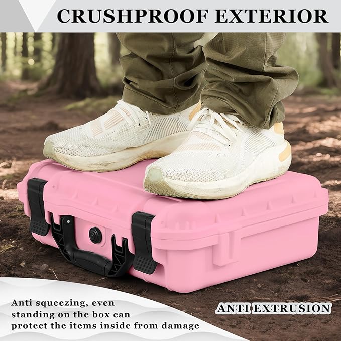 14.3 x 11.4 x 4.5 Inch Waterproof Hard Case with DIY Customizable Foam Insert Portable Protective Case with Knife for Camera Drones Equipments Tools Test Instruments (Pink)