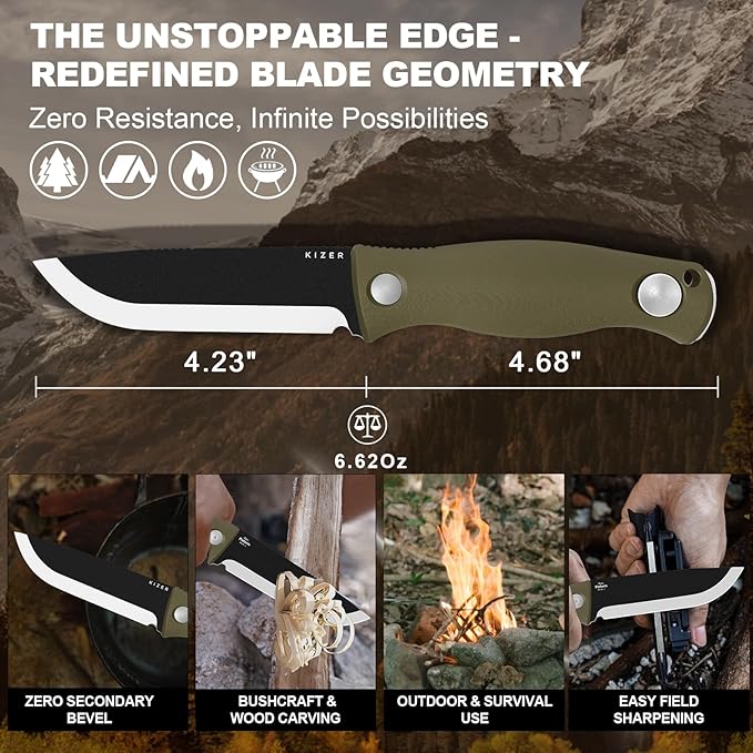 Kizer Polaris Fixed Blade Knife, 4.23" 1095 High Carbon Steel Blade Camping Knife with Green G10 Handle, Outdoor Survival Hunting Bushcraft Knives with Adjustable Sheath & Sharpener, 1100A2
