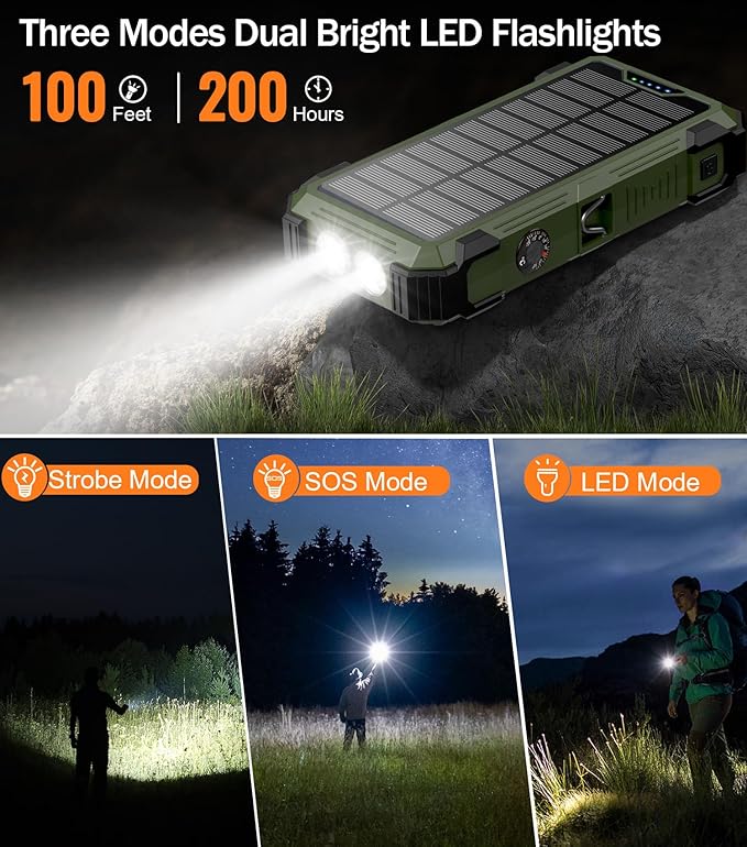 Solar Power Bank 42,800mAh, 15W Wireless Portable Charger with Built-in Cables, Outdoor Solar Battery Pack with LED Flashlight, Fast Charging for iPhone, Samsung, iPad etc
