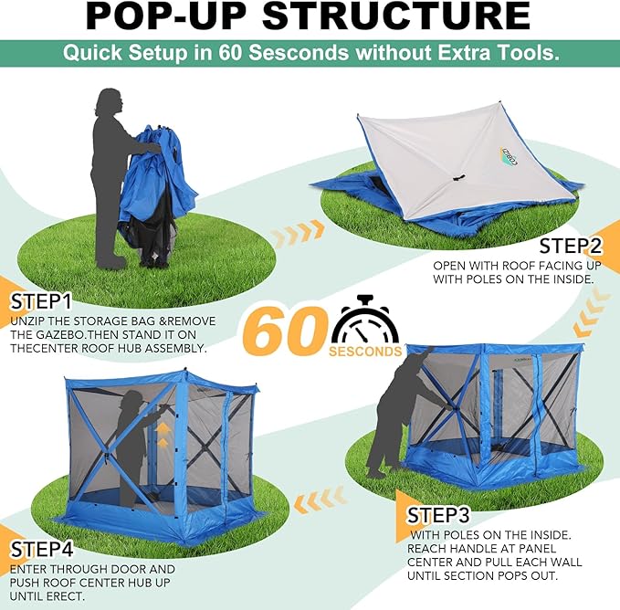 COBIZI 6x6 Pop up Gazebo Tent, Ez up Waterproof Screen Tent Screen House, Portable Outdoor Canopy Sun Shelter with Carry Bag & Ground Stakes for Camping, Garden and Picnics, Blue(Upgraded 2.0)