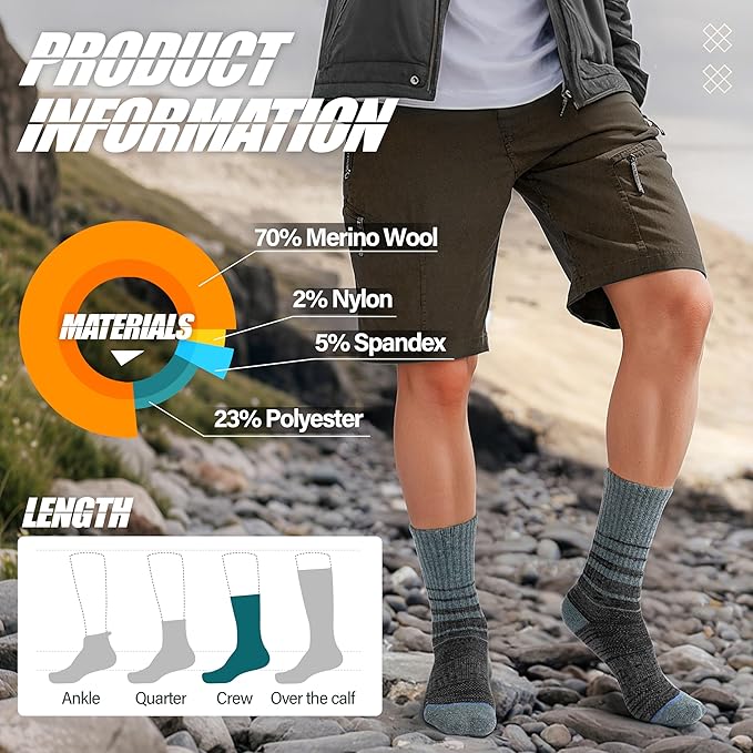 ANTSANG Merino Wool Hiking Socks for Men & Women 5 Pairs Thermal Warm Winter Thick Cushion Moisture Wicking Crew Boot Socks