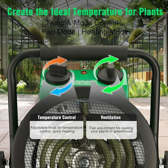 Greenhouse Heater with Digtal Thermostat, 1500W Electric Greenhouse Heaters, Fast Heating with Overheat Protection, Grow Tent Heater for Green House, Outdoor, Patio, Flower Room, Green