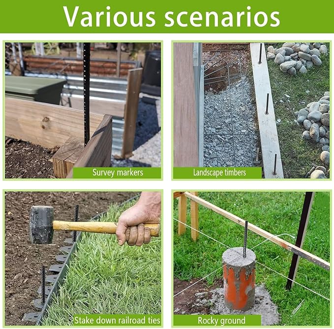 Straight-Rebar-Ground-Stakes 16Inch,Black Coated Straight Ground Anchors with Chisel Point End,Anti-Rust 6Pack Heavy Duty Steel Stakes for Landscape Timbers House Structure Plant Support in Garden