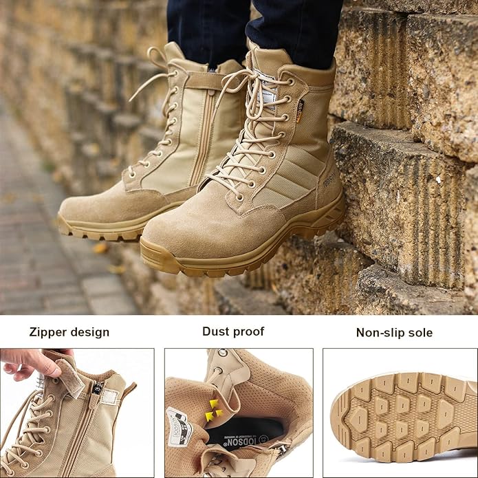 Men's Military Tactical Work Boots with Side Zipper, Puncture Resistant, Desert Combat, Army Jungle, 8 Inch Lightweight Hiking Boots