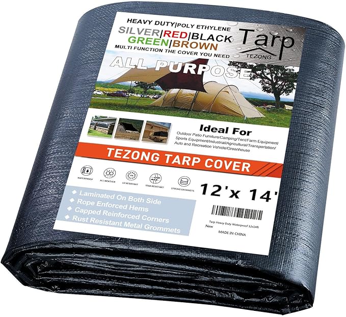 TEZONG Tarps Heavy Duty Waterproof 12x14ft,Black Plastic Tarps Large Multipurpose Outdoor Tarp Cover Thick Poly Tarpaulin 12MIL for Emergency Rain or Sun, Roof, Patio Furniture, Firewood, Canopy