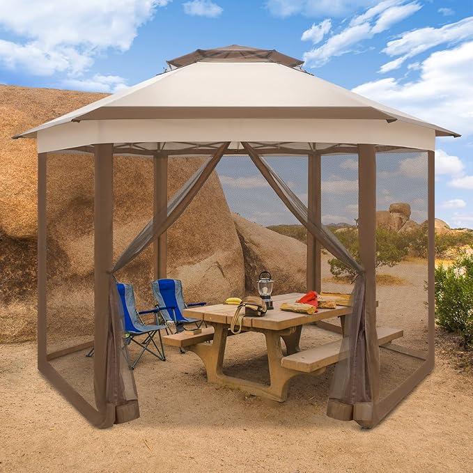 EAGLE PEAK 6-Sided Outdoor Camping Pop Up Gazebo w/Screen Netting, 13x13 Double-Tier Hexagonal Outdoor Canopy Tent for Patio, Garden, Party, Backyard, Beige
