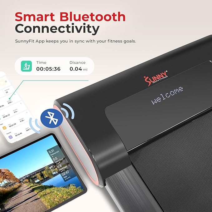 Sunny Health & Fitness Slim Under Desk Walking Compact Treadpad Treadmill with Remote Control, Digital Display, Shock Absorption, Optional Trekking Poles, Free SunnyFit App Bluetooth Connectivity