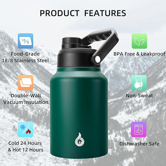 BJPKPK 64 oz Insulated Water Bottle, Dishwasher Safe Half Gallon Water Bottle with Ergonomic Handle, BPA Free Leak Proof Water Jug for Sports, Metal Thermo with Anti-slip Bottom, Army Green