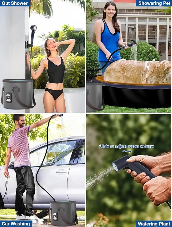 Portable Camp Shower Pump, IPX8 Waterproof, 8000mAh Rechargeable Shower Pump, 5 Speed Mode & 4 Water Mode Camping Shower with 20 L Foldable Bucket, Shower for Hiking,Travel, Pet Bath, Car Wash