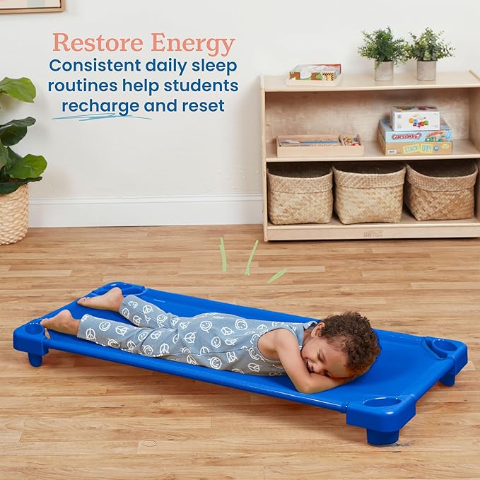 ECR4Kids Stackable Kiddie Cot, Ready-to-Assemble, Standard Size, Classroom Furniture, Blue, 6-Pack