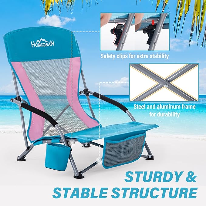 Homcosan Portable Low Folding Beach Chairs Set of 2 with Detachable Umbrellas - Lightweight Camping Chairs for Adults with Cup Holder & Storage Pockets, Carry Bag Included (Blue & Pink)