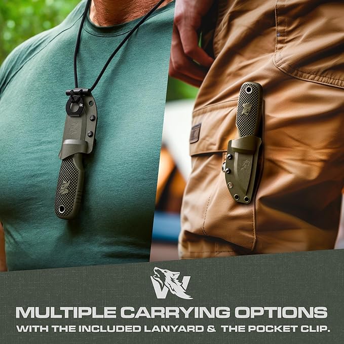 W-MINI 2 - EDC Neck Knife with Sheath and Necklace - Small EDC Fixed Blade Knife Necklace and Belt Clip - Pocket Fixed Blade Knives - Full Tang Neck Knife with Sheath Tactical + Fire Starter