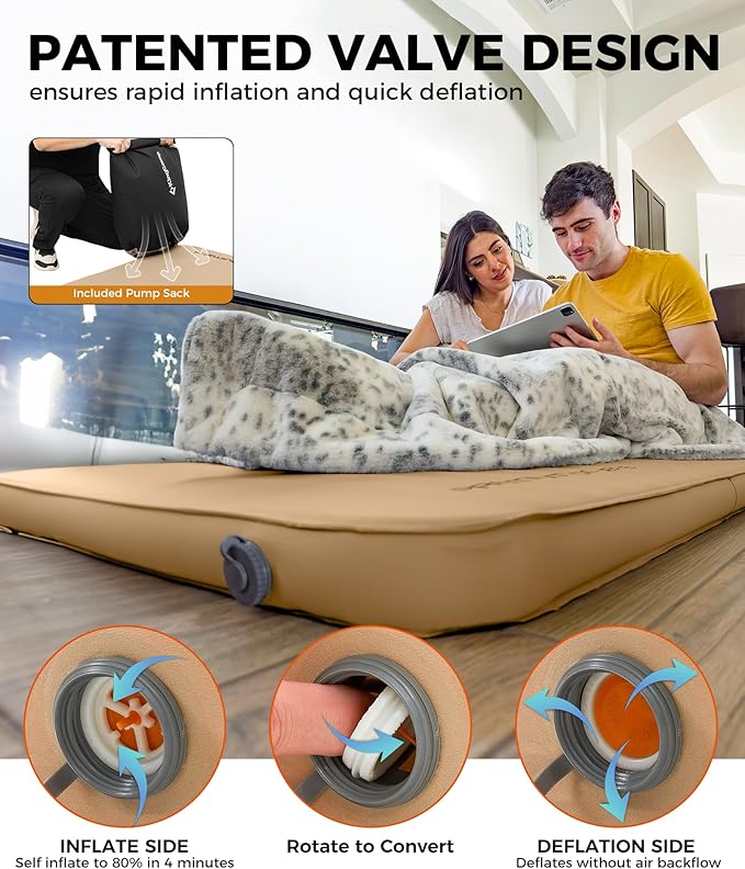 KingCamp Self Inflating Camping Pad, Ultra 6" Thick or Ideal 3" Thcik High R Value Air & Foam Camping Mattress, Full Size Double Sleeping Pad 2 Person for Camp Tent Outdoor Car, Multi Colors, PVC Free